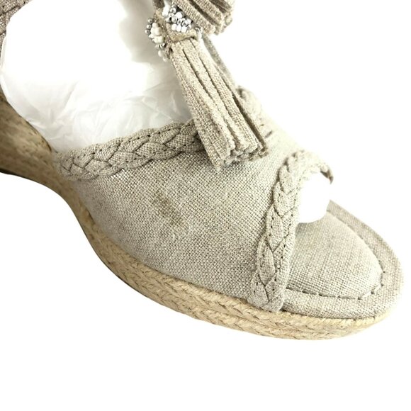 Rampage Womens Wedge Sandals Open Toe Lace Up Canvas Fringe Beige Size 10 - Picture 2 of 7
